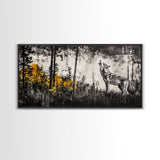 Howling Wolf, moody art, pine tree art, rustic wall art, forest at dusk painting, extra wide art, framed canvas print, southwestern art