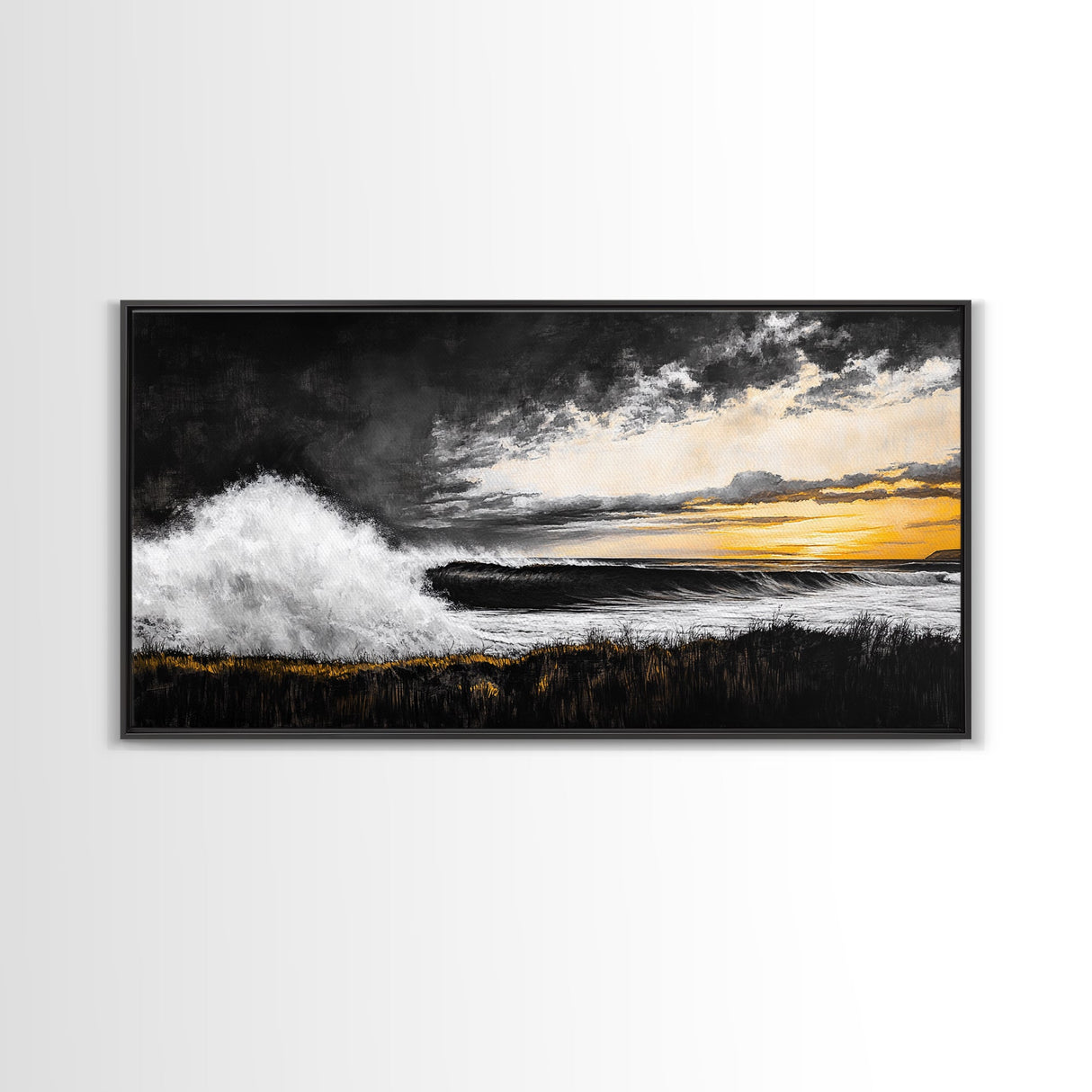 Ocean Waves, coastal wall art, nautical painting, seascape painting, moody art, extra wide art, framed canvas print, panoramic painting