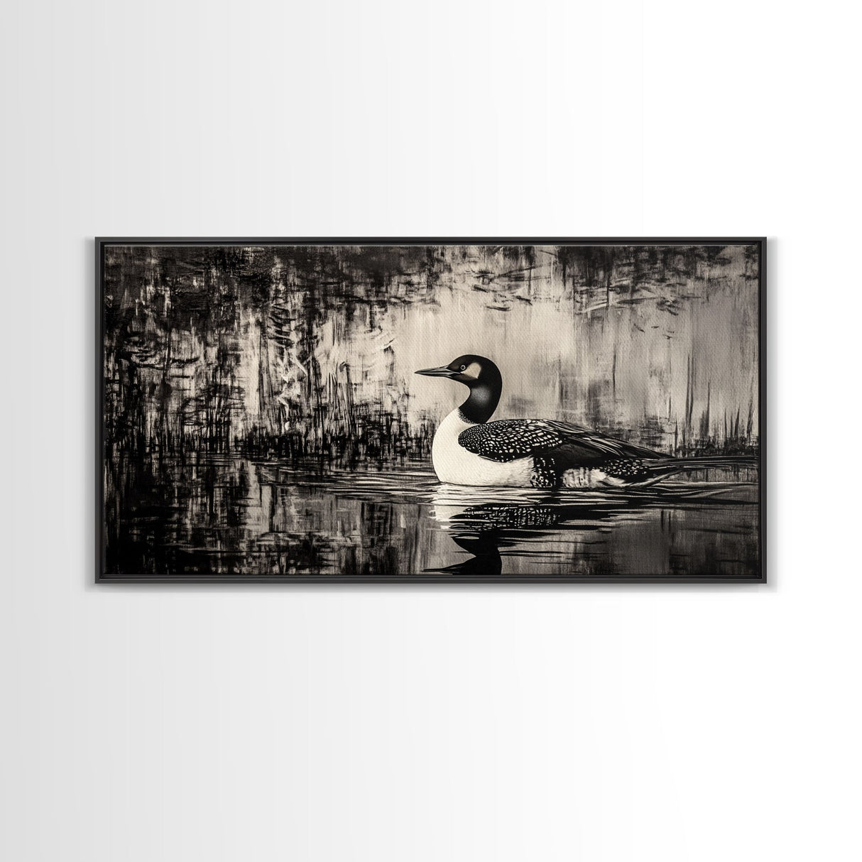 Loon Bird Art, Black and White Painting, Wildlife Wall Art, Rustic Decor, Framed Canvas Print, Lake House Art, Nature Lover Gift