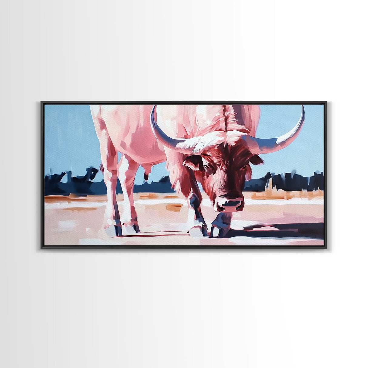 Texas Longhorn, rustic decor, bull and bear art, southwest wall art, pink orange wall art, extra wide art, framed canvas print