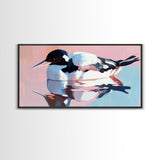 Waterfowl Reflection, bird art, lake Tahoe art, coastal painting, wildlife decor, pink orange wall art, framed canvas print
