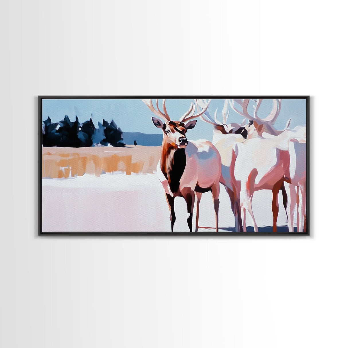 Elk in Snow, deer drinking water in forest painting, wildlife art, moody painting, rustic decor, landscape painting, canvas print