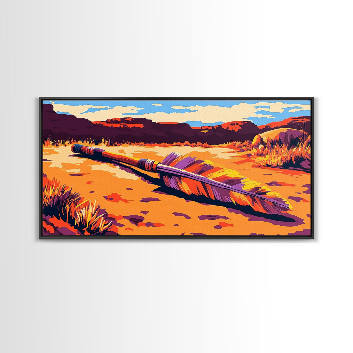 Fallen Arrow, rustic wall art, cowboy painting, southwest wall art, desert landscape, panoramic art, Framed Canvas Print, farmhouse decor, bold