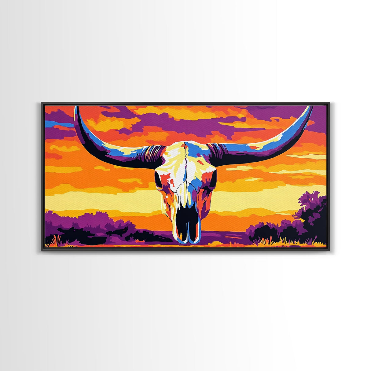 Skull, bull, desert art, cowboy decor, boho wall art, moody sunset, extra wide art, rustic decor, framed canvas print