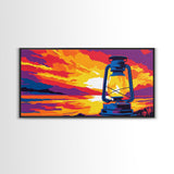 Lantern, rustic, western glow, vintage camping, cowboy night, scenic sunset, farmhouse wall art, extra wide art, canvas print