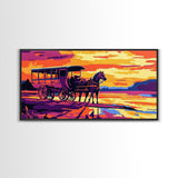 Horse carriage, old west, sunset scene, rustic western art, nostalgic painting, moody colors, extra wide wall art, canvas print