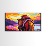 Pack horse, rugged adventure, cowboy aesthetic, mountain sunset, rustic decor, extra wide art, nostalgic western, framed canvas print