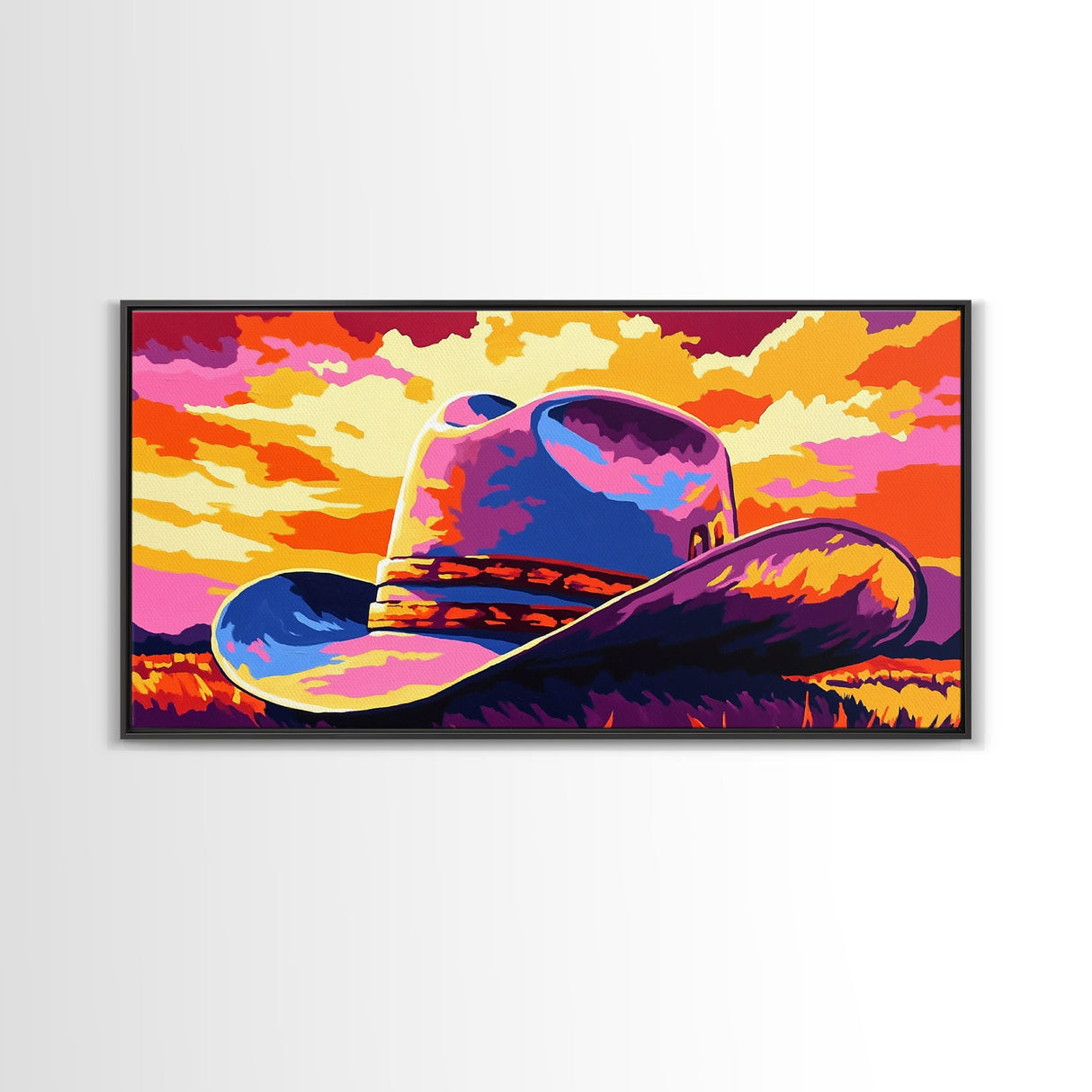 Cowboy hat, western decor, rustic style, bold colors, country aesthetic, southwest wall art, moody sunset, framed canvas print