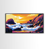 Ocean waves, coastal decor, rocky seascape, beach sunset, nautical wall art, panoramic art, coastal painting, framed canvas print