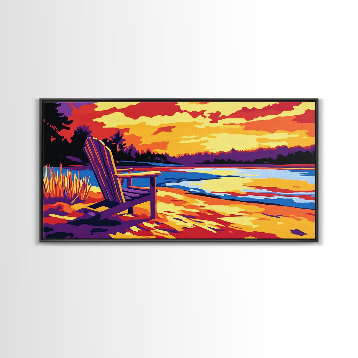 Adirondack chair, lake view, relaxing sunset, cabin art, rustic landscape, extra wide art, nature lover decor, canvas print