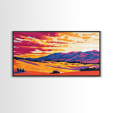 Desert dunes, mountain painting, western sunset, scenic landscape art, minimalist boho decor, panoramic art, framed canvas print