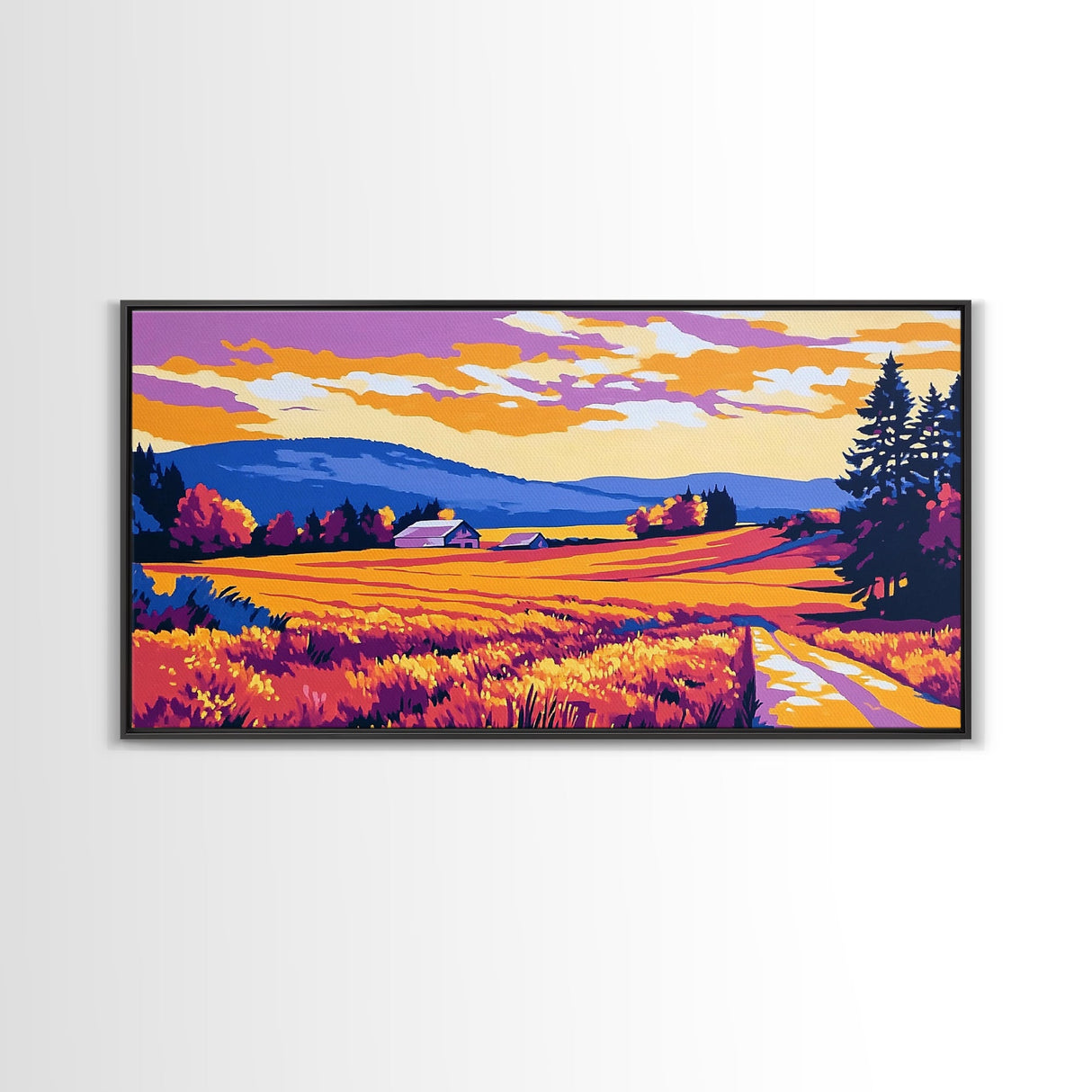 Mountain Landscape Art, pink orange wall art, sunset painting, extra wide art, panoramic art, landscape painting, canvas print
