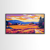 Mountain Landscape Art, pink orange wall art, sunset painting, extra wide art, panoramic art, landscape painting, canvas print