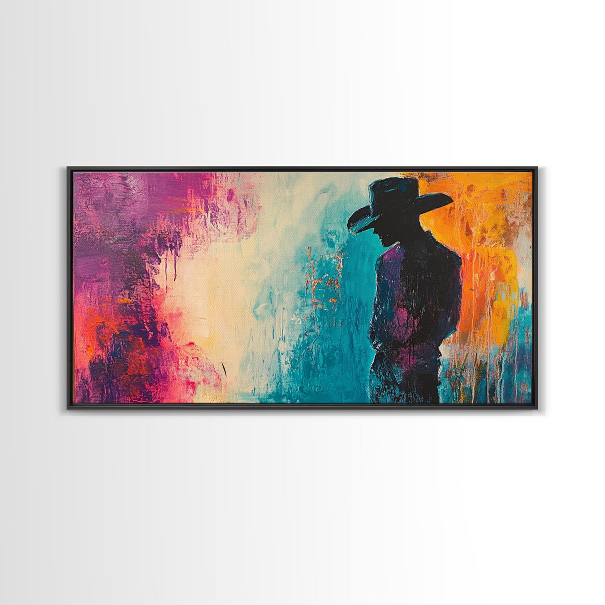 Silhouette Cowboy Art, rustic wall art, western painting, moody art, cowboy painting, extra wide art, farmhouse decor, canvas print, gift idea