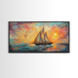 Sailboat at Sunset, nautical painting, coastal decor, seascape painting, beach house art, extra wide art, oil painting, canvas print