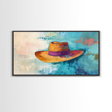 Western Hat, Boho Art, Rustic Wall Art, Southwest Art, Moody Painting, Extra Wide Art, Minimalist Art, Framed Canvas Print