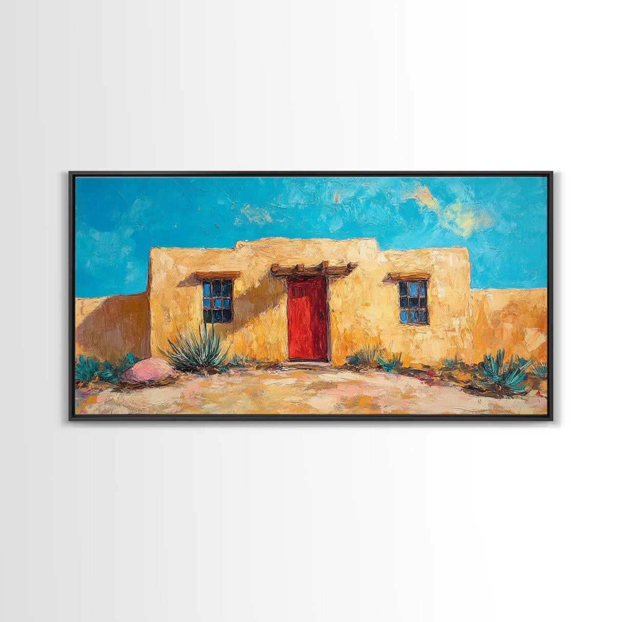 Pueblo Village, Moon Oil Painting, Southwest Wall Art, Rustic Landscape, Moody Art, Extra Wide Art, Desert Scene, Framed Canvas Print