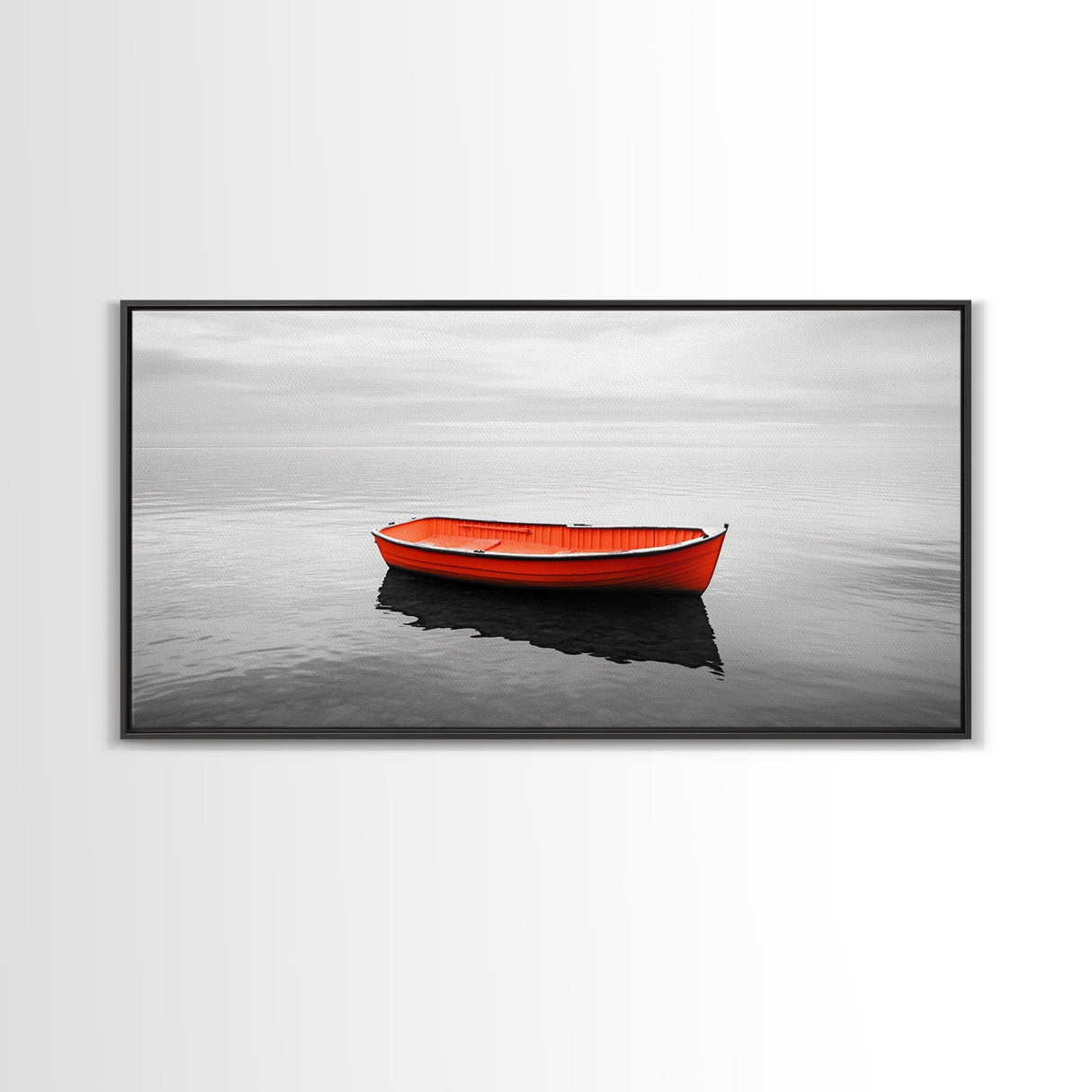 Lone Red Boat, coastal wall art, seascape painting, nautical decor, minimalist art, black and white photography, above couch art, Framed Canvas Print