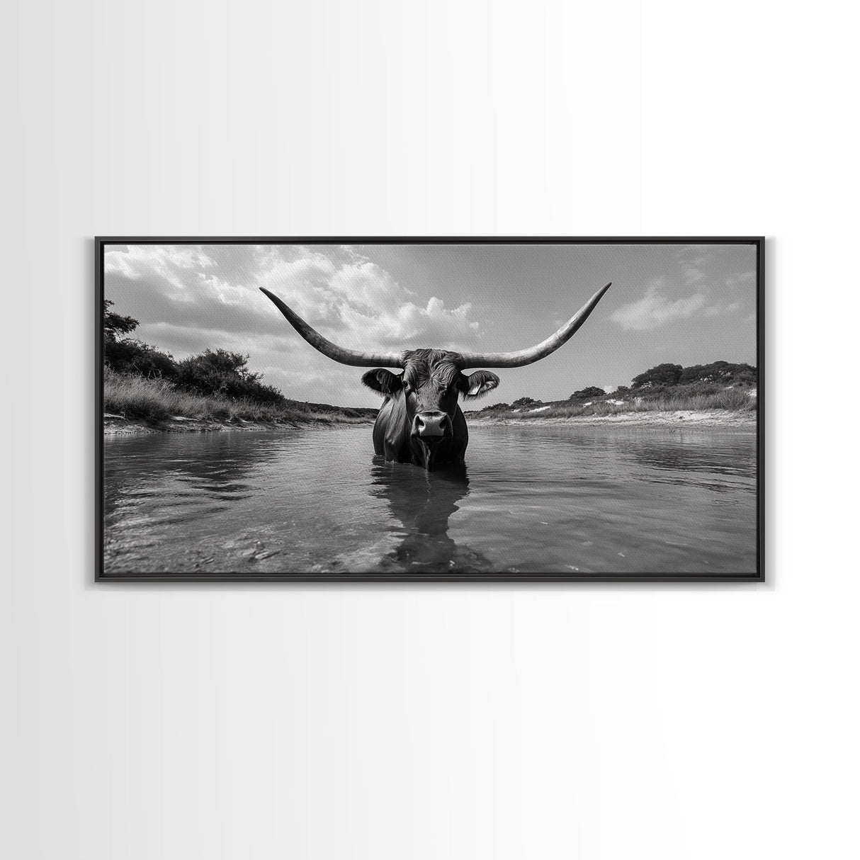 Longhorn in Water, rustic art, western decor, bull and bear art, cowboy wall art, farmhouse art, panoramic art, Framed Canvas Print