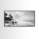Cattle on beach, coastal cowgirl wall art, rustic decor, farmhouse art, landscape painting, panoramic painting, extra wide art, framed canvas print