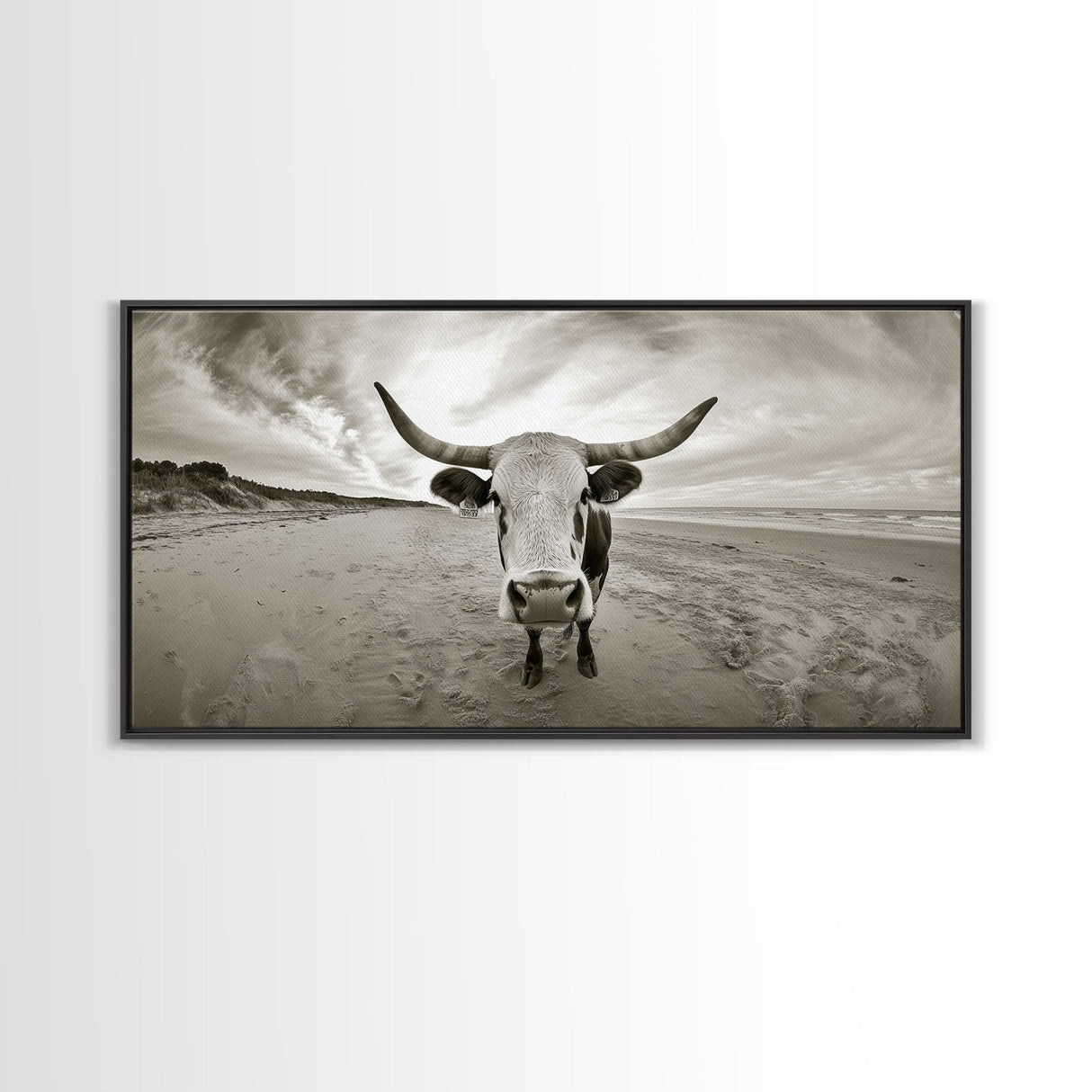 Longhorn, beach, western decor, rustic art, farmhouse art, extra wide art, above sofa art, panoramic painting, framed canvas print