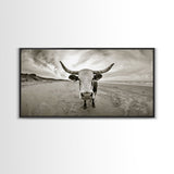 Longhorn, beach, western decor, rustic art, farmhouse art, extra wide art, above sofa art, panoramic painting, framed canvas print