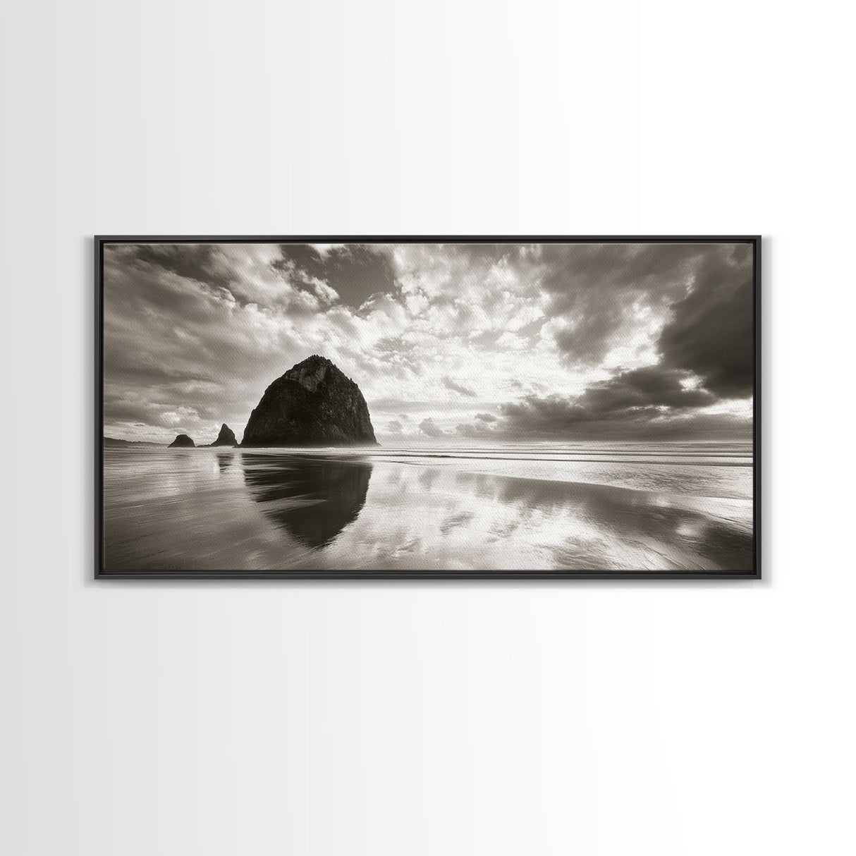Coastal, seascape, moody art, ocean view, nautical wall art, panoramic painting, extra wide art, above bed wall art, framed canvas print