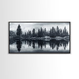 Pine tree reflection, moody art, mountain painting, pine tree art, rustic decor, panoramic art, extra wide art, framed canvas print