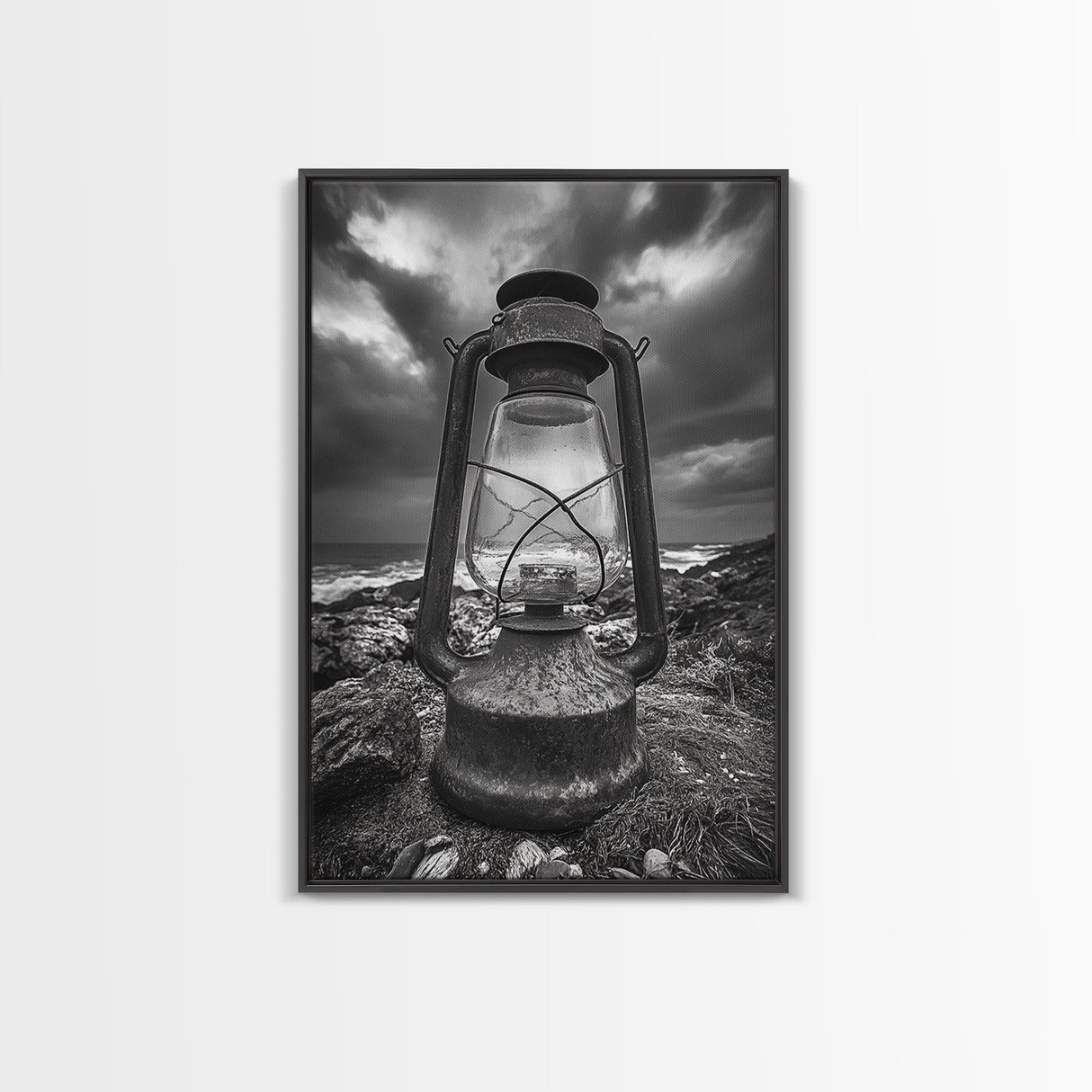 Stormy Lantern by the Sea, nautical decor, moody art, seascape painting, coastal painting, rustic wall art, framed canvas print