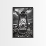Stormy Lantern by the Sea, nautical decor, moody art, seascape painting, coastal painting, rustic wall art, framed canvas print