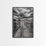 Open Ranch Gate, southwest wall art, moody art, western home decor, rustic art, farmhouse painting, framed canvas print, cowboy aesthetic