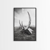 Large horns, rustic skull, bull and bear art, moody wall art, desert decor, cowboy aesthetic, framed canvas print, minimalist art