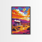 Southwest sunset, desert house, Joshua tree art, pink orange wall art, rustic wall art, boho art, framed canvas print, landscape painting
