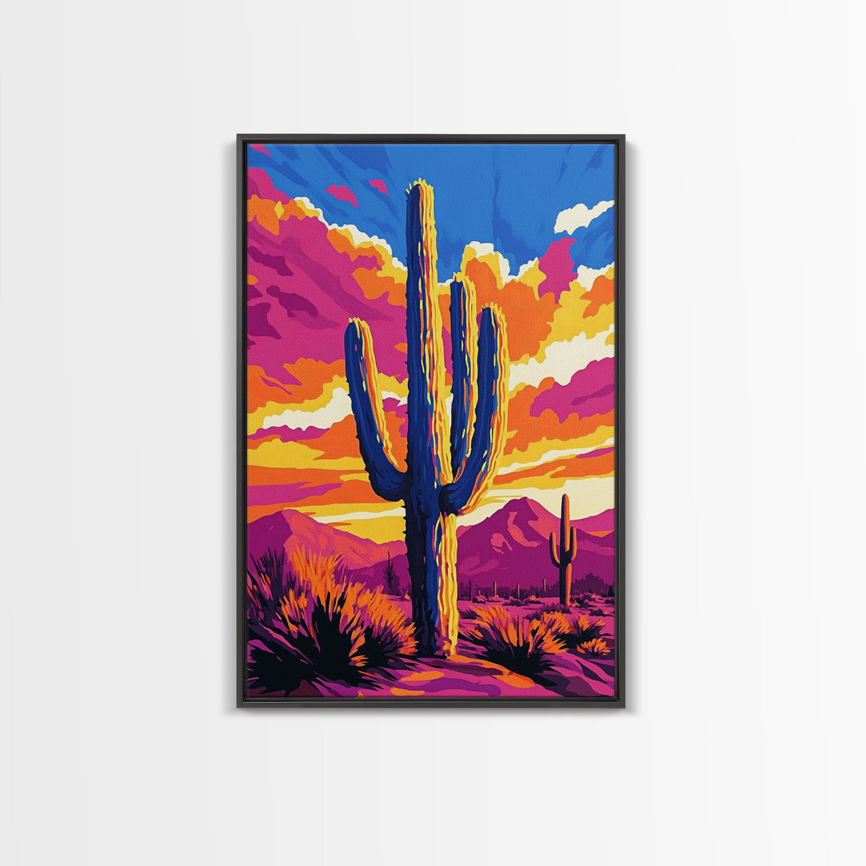 Southwest Cactus Art, Desert Wall Decor, Pink Orange Wall Art, Bold Sunset Art, Framed Canvas Print, Gift Idea, Rustic Wall Art