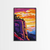 Mountain Cliffs, Southwest Sunset, Canyon Painting, Framed Canvas Print, Pink Orange Wall Art, Joshua Tree Art, Panoramic Art