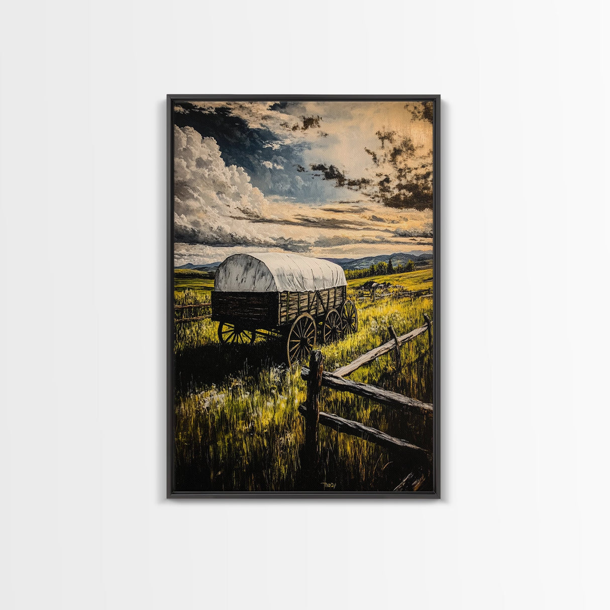 Prairie Wagon, Stormy Sky, Western Landscape, Framed Canvas Print, Rustic Wall Art, Barn Landscape Oil Painting, Farmhouse Art, Moody Art