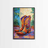 Painted Boots, coastal cowgirl wall art, vibrant rustic decor, colorful western art, cowboy art, southwest wall art, framed canvas print, gift idea