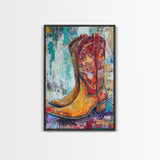 Western Boots, rustic wall art, abstract art, cowboy painting, farmhouse art, bold textured art, framed canvas print, vintage gift idea