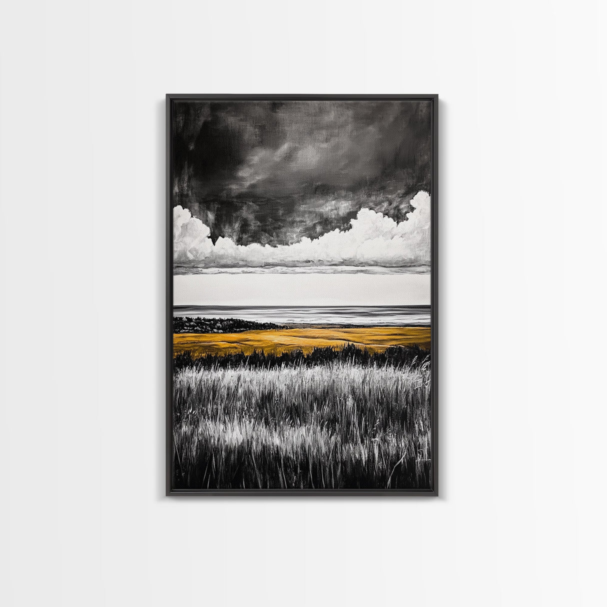 Moody Landscape, dramatic clouds, black and white, gold fields, panoramic art, rustic decor, framed canvas print, extra wide art