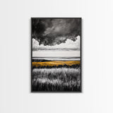 Moody Landscape, dramatic clouds, black and white, gold fields, panoramic art, rustic decor, framed canvas print, extra wide art