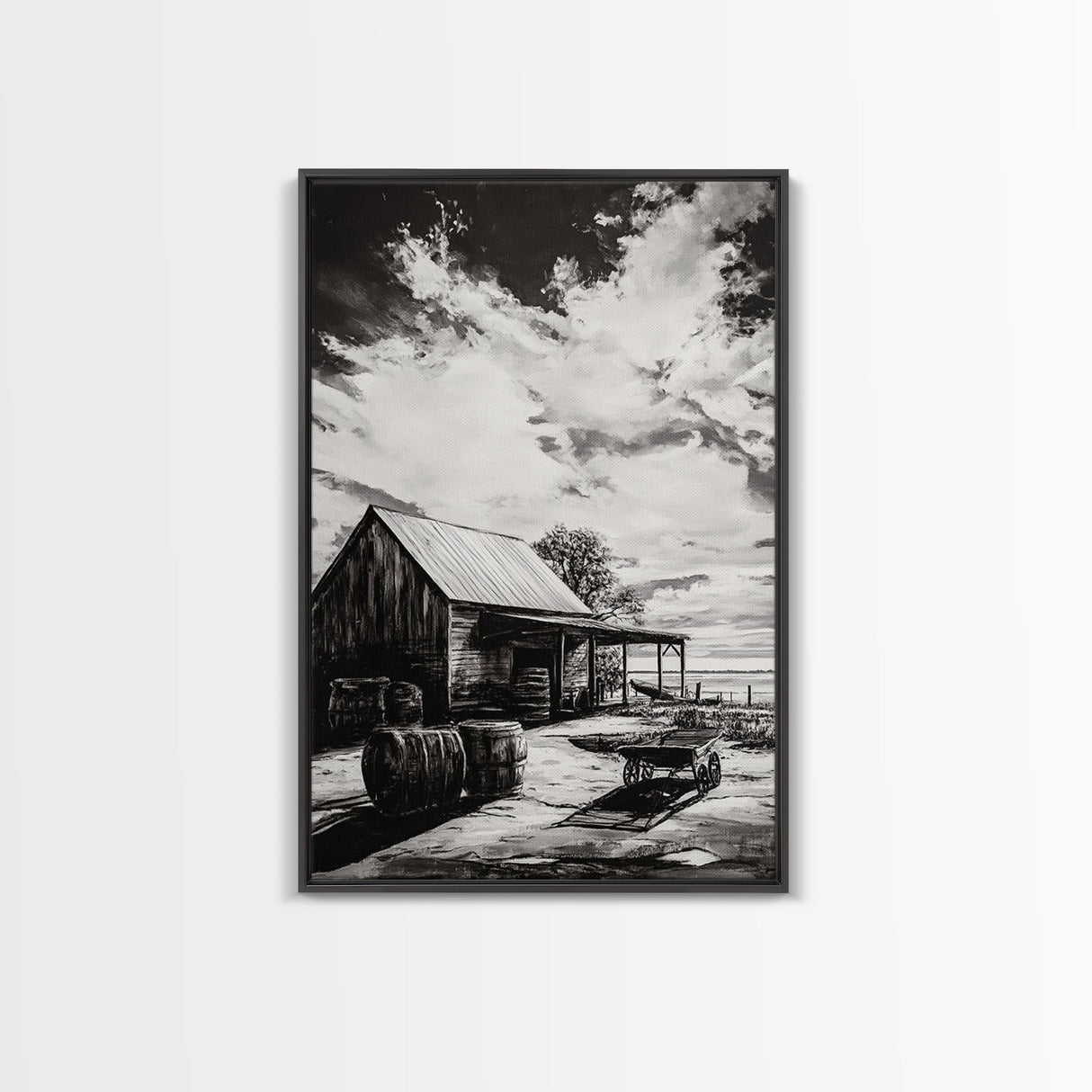 Vintage Barn, Rustic Landscape, Canvas Print, farmhouse art, rustic wall art, barn landscape oil painting, moody art, above couch art, wabi sabi art