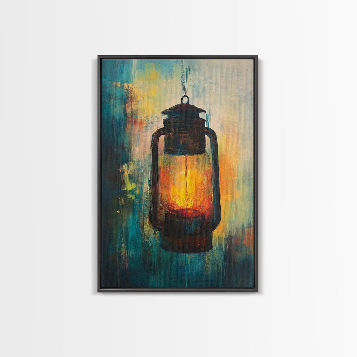 Lantern Glow, moody art, rustic decor, farmhouse art, warm light painting, southwest wall art, wabi sabi art, Framed Canvas Print
