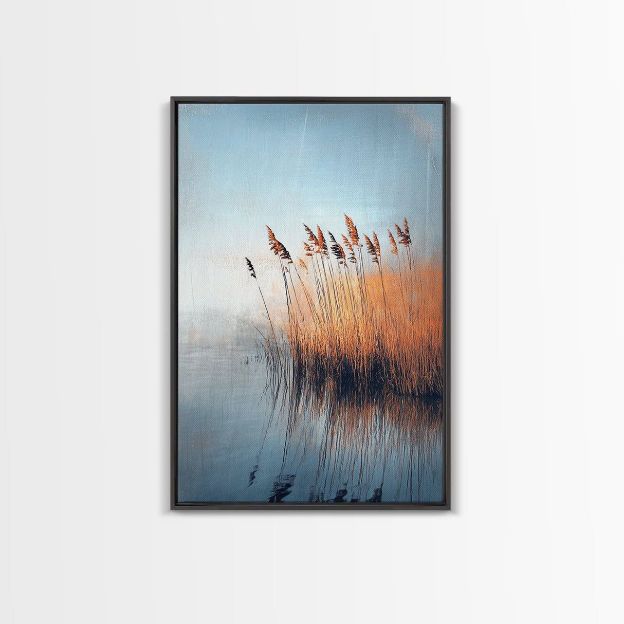 Lake Reeds Reflection, wabi sabi art, minimalist art, coastal decor, coastal landscape art, nautical painting, Framed Canvas Print