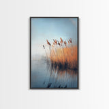 Lake Reeds Reflection, wabi sabi art, minimalist art, coastal decor, coastal landscape art, nautical painting, Framed Canvas Print