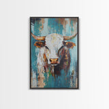 Rustic Cow Portrait, farmhouse art, rustic wall art, blue and green wall art, textured oil painting, canvas print, gift idea, wabi sabi art