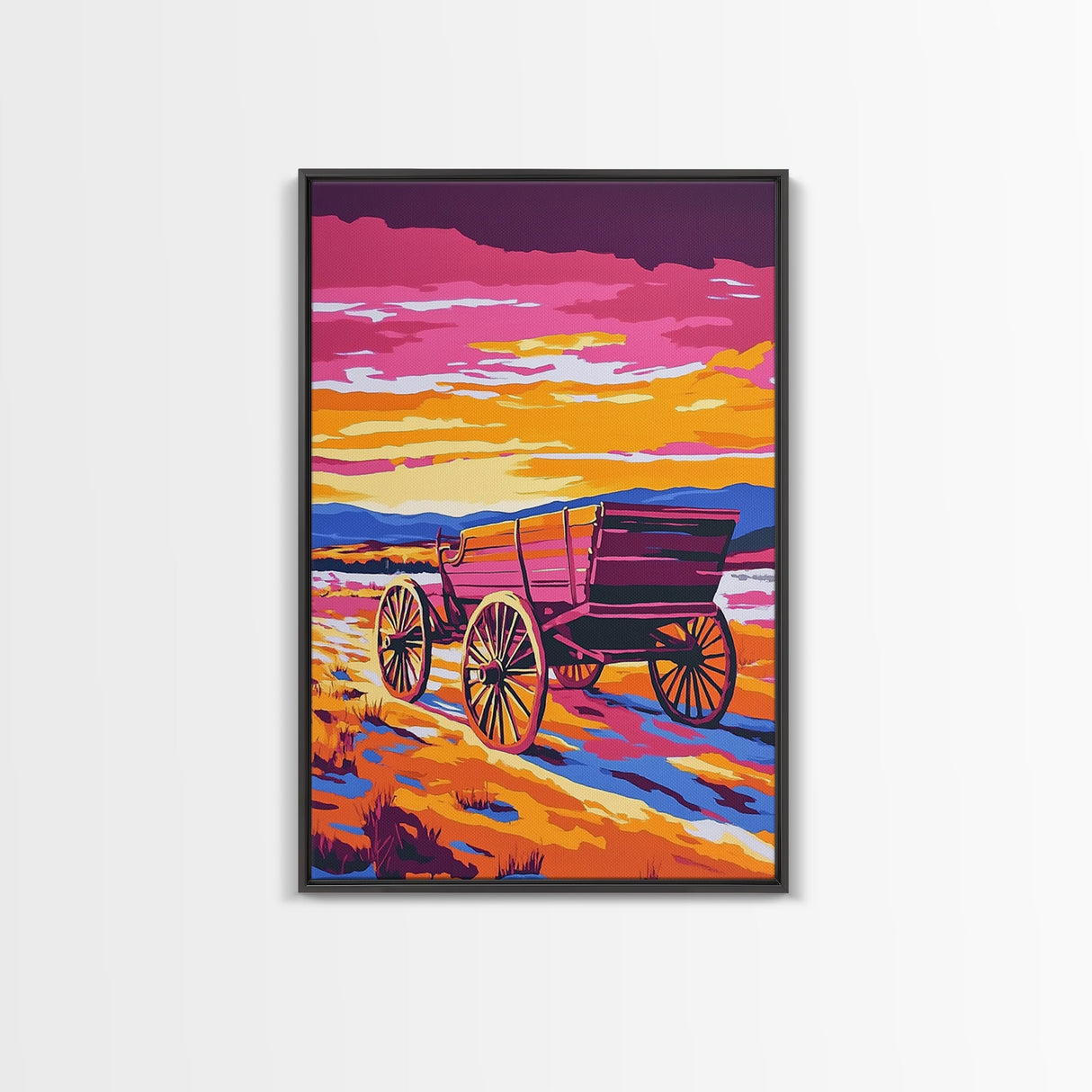 Sunset Wagon Art, pink orange wall art, Joshua tree art, rustic wall art, warm tones painting, framed canvas print, gift idea, extra wide art