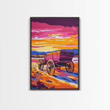 Sunset Wagon Art, pink orange wall art, Joshua tree art, rustic wall art, warm tones painting, framed canvas print, gift idea, extra wide art