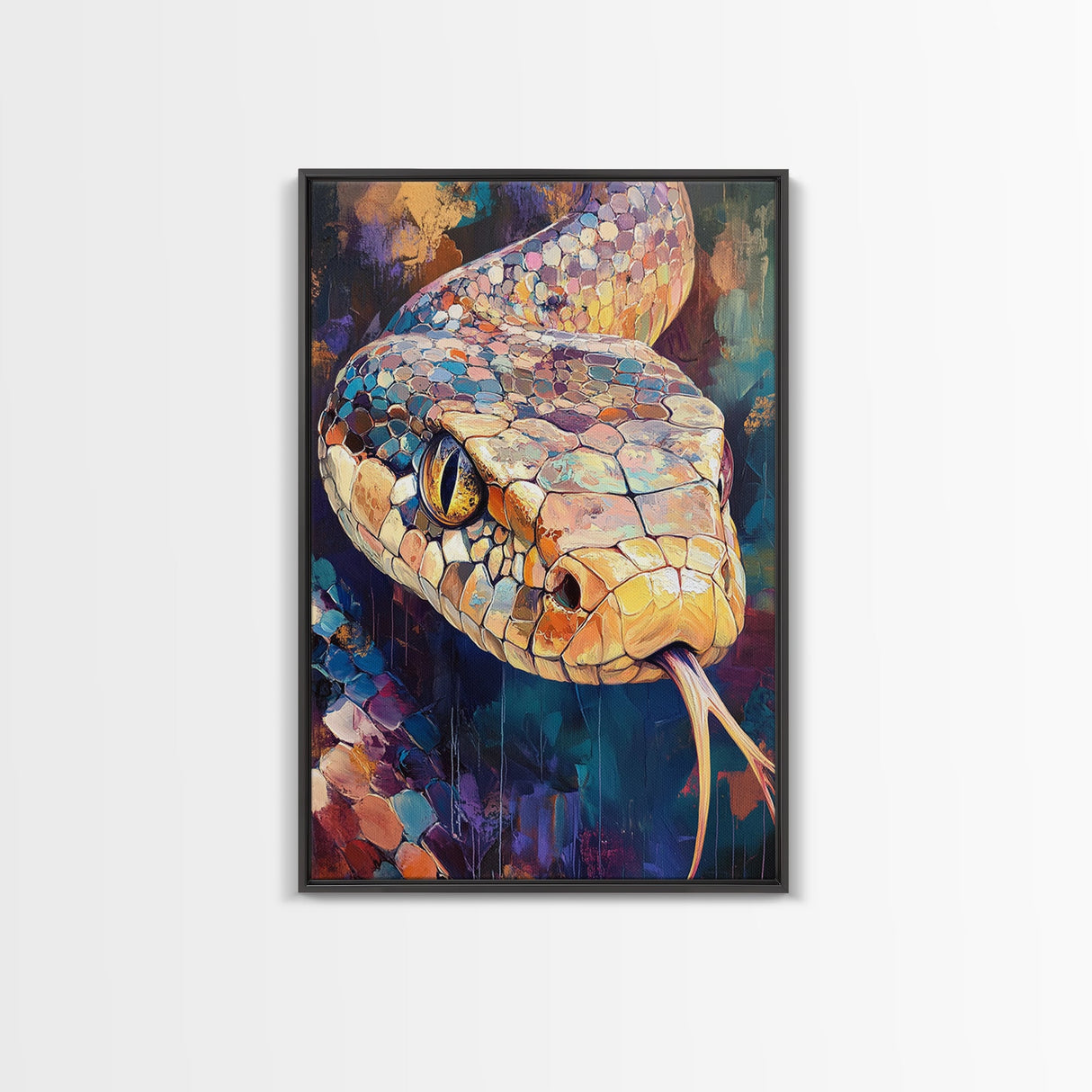 Moody Snake Art, Abstract Wildlife Painting, Colorful Serpent, Southwest Decor, Rustic Art, Framed Canvas Print, Unique Gift
