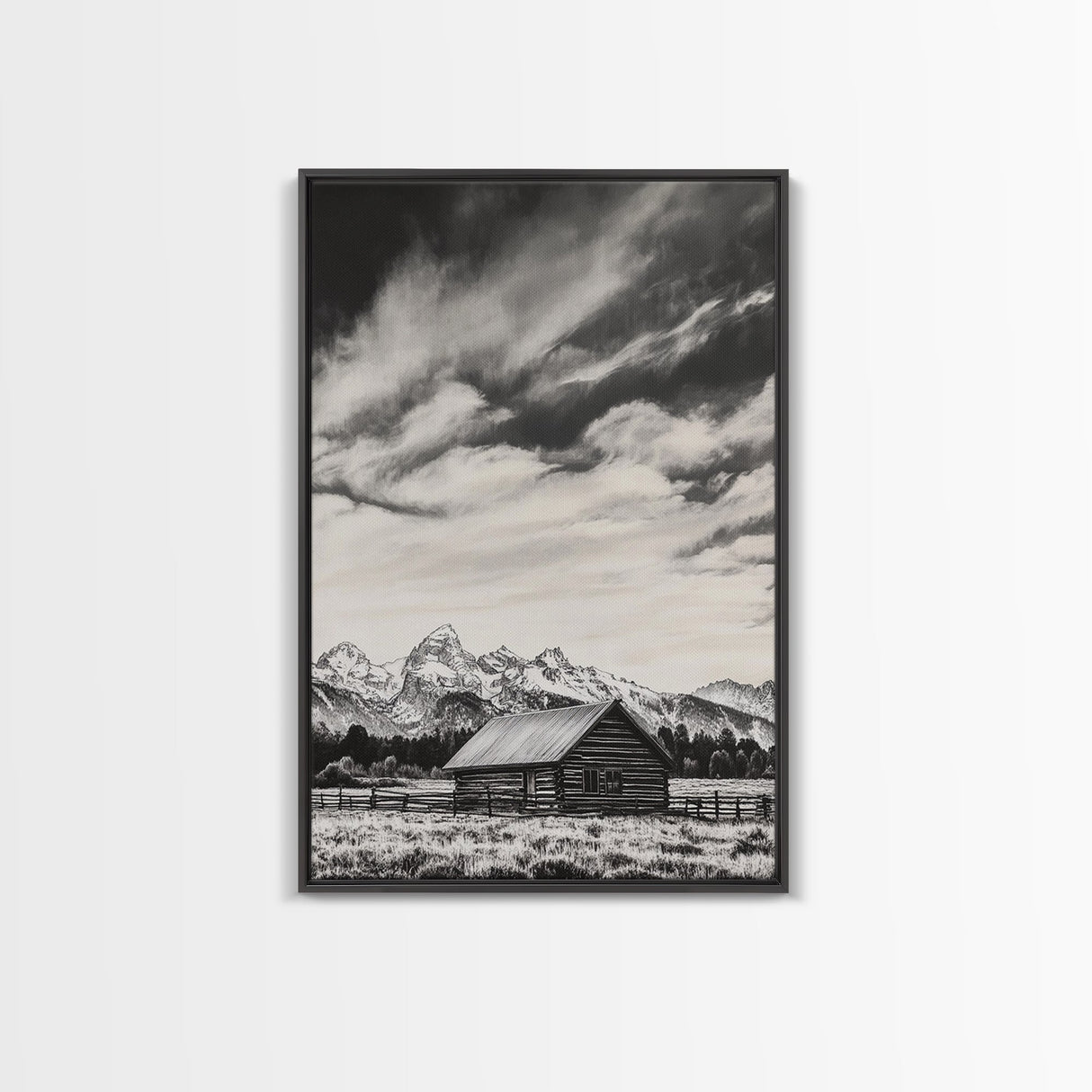 Rustic Cabin, Smoky Mountain Art, Black and White Landscape, Western Wall Art, Wabi Sabi Art, Farmhouse Decor, Canvas Print