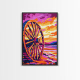 Sunset Wagon Wheel, Bold Color Painting, Southwest Wall Art, Framed Canvas Print, Rustic Decor, Western Aesthetic, Extra Wide Art, Gift Idea
